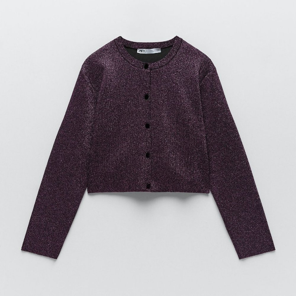 🌸SOLD🌸NWT Zara Purple Sparkly Shimmer Metallic Button Cropped Cardigan Sweater
